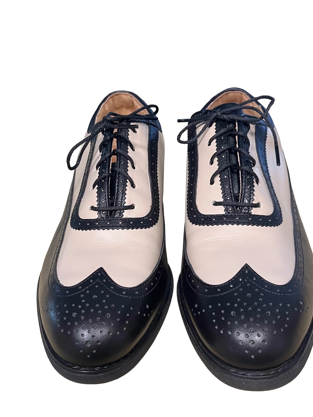 NEW FootJoy Europa Women’s Golf Shoes Sz 10 Black Beige Wingtip Oxford Leather - Picture 2 of 8